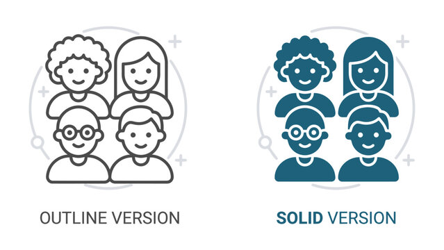 Group Icon: Two stylized icon sets, one outline and one solid, depicting a diverse group of people in a circular formation, representing community and collaboration.