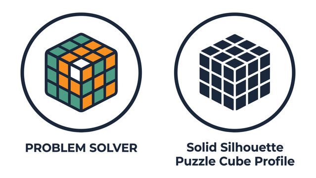 Puzzle Cube Icons: Two circular icons featuring a colorful, partially solved puzzle cube labeled Problem Solver and a solid silhouette of a puzzle cube labeled Solid Silhouette Puzzle Cube Profile.