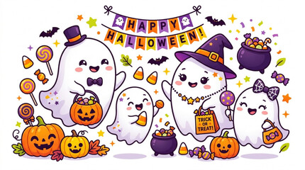 Naklejka premium Cute cartoon ghosts celebrating Halloween with pumpkins and candy, festive holiday greeting illustration with a happy atmosphere