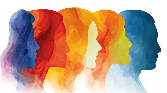 Watercolor gradient multicolor overlapping human profile silhouettes on plain white background, diverse inclusive equality team conceptual illustration asset