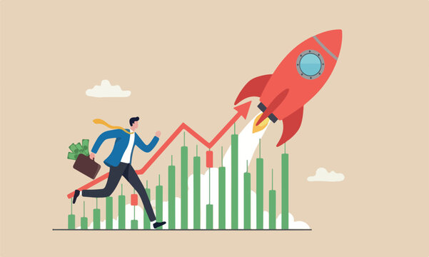 Success profit, get rich from Crypto trading concept, confidence businessman investor with money briefcase running on candlestick graph