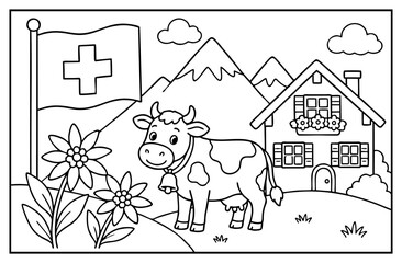 Cute cow standing near Swiss mountain house with flag and edelweiss flowers in black white © Hokyubi