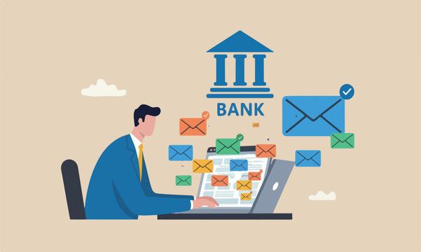 Email management, Big central bank or manage to reply all emails, efficiency or productive way, prioritize or categorize information concept, businessman work with computer laptop on email envelope