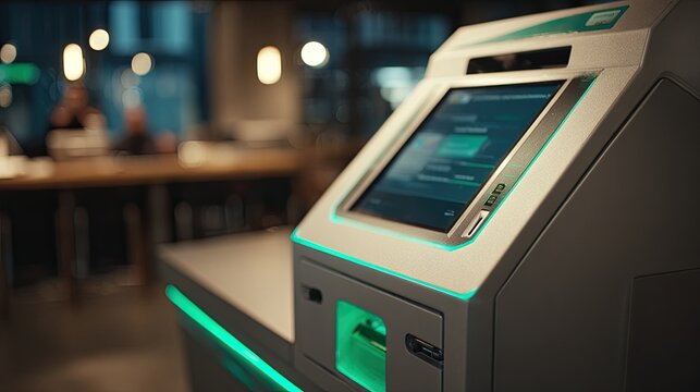 Modern self-service kiosk with touch screen, card reader, and green accent lighting