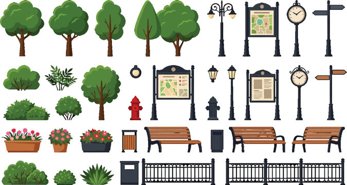 City park elements set with trees, benches, street lamps, and signage for urban landscape design vector illustration