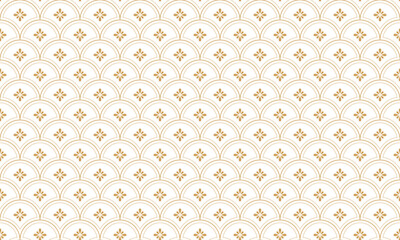 Luxury gold Japanese wave seamless pattern. Elegant oriental fish scale vector background with geometric line flower. © i_fleurs