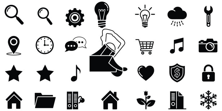 Set of black icons for web user interface design featuring miscellaneous tools and everyday symbols