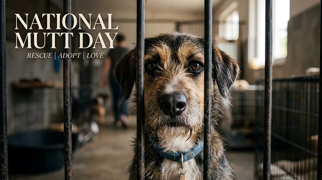 A shaggy mixed-breed dog looking through metal cage bars at an animal shelter