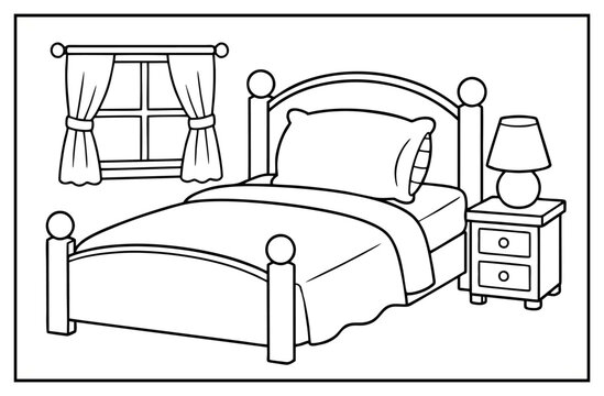Bedroom interior with a wooden bed frame bedside table and window in simple outline drawing style