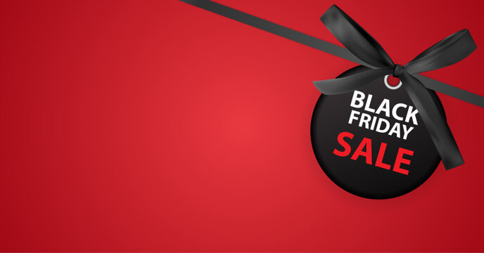 Black Friday sale banner with ribbon and tag on a vibrant red background