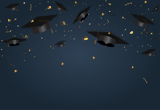 Falling graduation caps and confetti on a dark blue background celebrating academic success