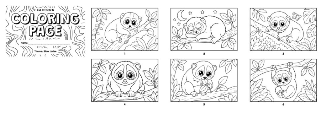 Slow loris coloring page set featuring cute cartoon animals in tropical jungle environments for children activity