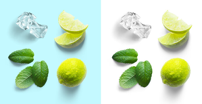 art  Vibrant green mint leaves and ice cube with neutral transparent shadow for design element on any color background