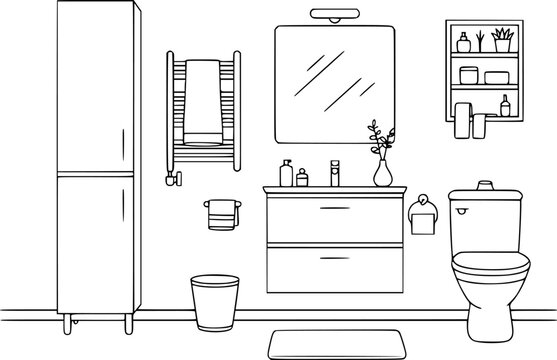 A simple black and white line of a modern bathroom interior with furniture and toilet fixtures