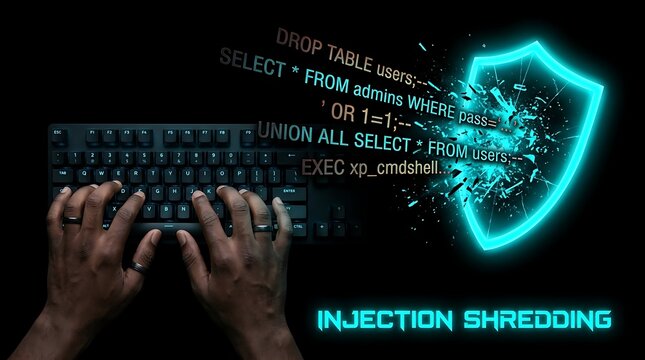 Cybersecurity Expert Typing SQL Injection Code on Keyboard with Digital Shield.