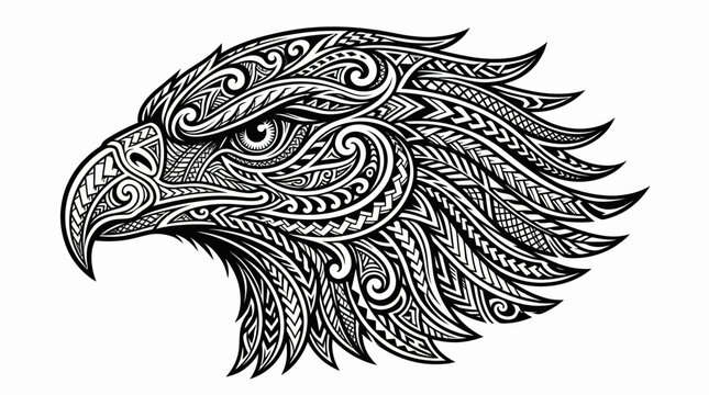 Eagle head profile illustration decorated with intricate tribal and mandala patterns.