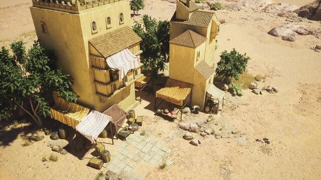 Sunny market beside adobe houses and shaded awnings, packed stalls, earthen paths, green tree providing shade, quiet midday potential for trade.