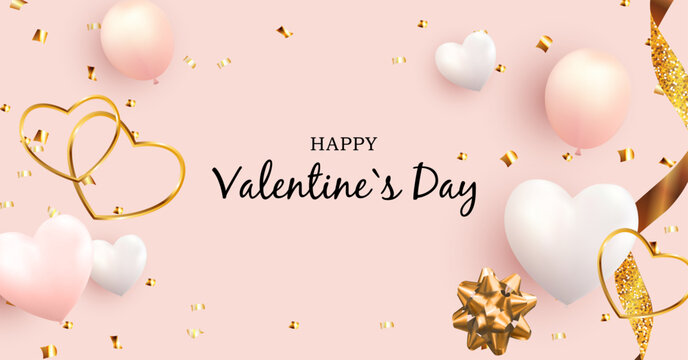 Happy Valentines Day background with hearts balloons confetti and golden gift decoration