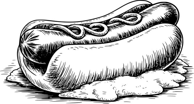 A detailed black and white ink of a delicious hot dog with mustard served in a soft bread bun