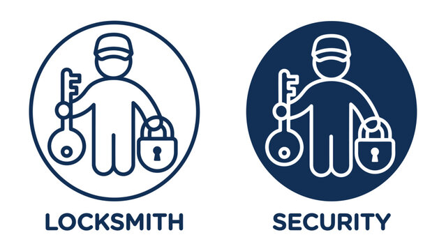 Locksmith and Security Icons: Clean line art illustrations depicting a locksmith holding a key and a bag with a padlock, representing security services.