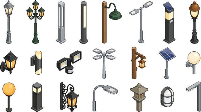 Set of isometric outdoor street lamps and garden lighting fixtures for urban landscape and park design vector