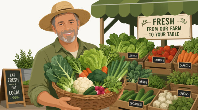 Clean flat vector illustration of a farm market vendor holding a basket of fresh vegetables on a light background, ideal for local produce promotions and grocery ads.