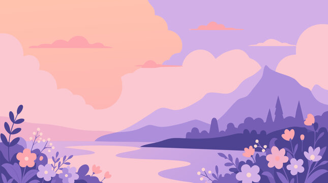 Clean flat vector illustration on a light background showing a dreamy pink lakeside valley with flowers, mountains, sun, and clouds for spring travel promotions.