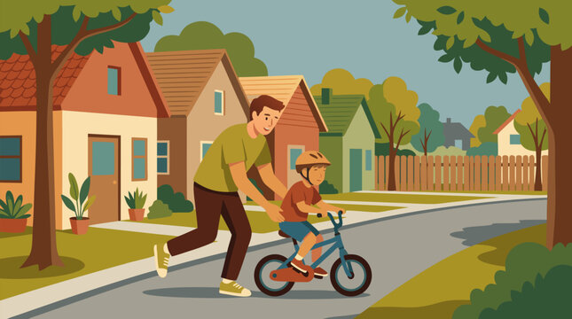 Clean flat vector illustration of a parent helping a child learn to ride a bicycle on a light neighborhood background, ideal for family safety campaigns.