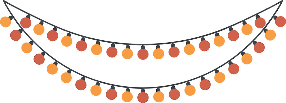 Two rows of hanging string lights with orange and red bulbs for festive party decoration vector illustration