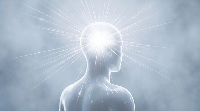 Conceptual illustration of a human silhouette with a bright light exploding from the brain representing consciousness, enlightenment, and mental energy.