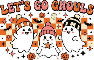 Fototapeta premium Cute halloween ghost characters with hats and pumpkins kawaii ghost illustration for seasonal designs