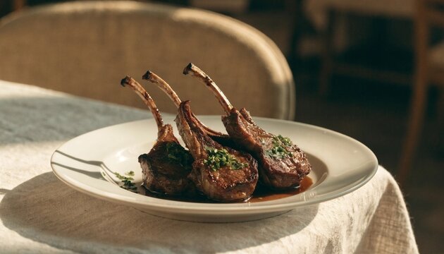 Elegant rack of lamb chops with herb sauce and rich jus plated on white ceramic in a fine dining restaurant, ideal for upscale menu and culinary promotion.