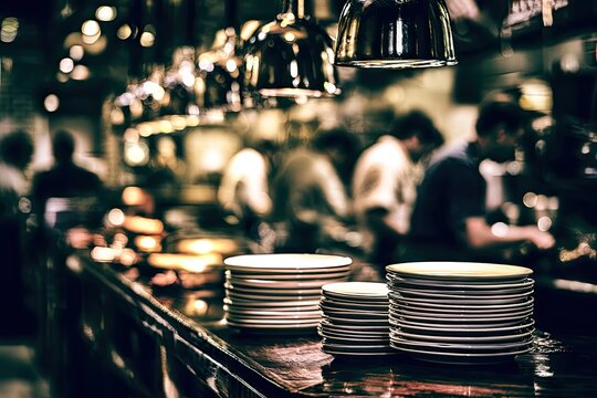 Busy restaurant kitchen with chefs working behind stacked plates, warm lighting