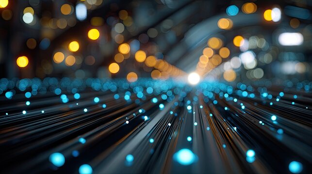 Abstract futuristic tunnel with glowing blue dots and bokeh lights in distance