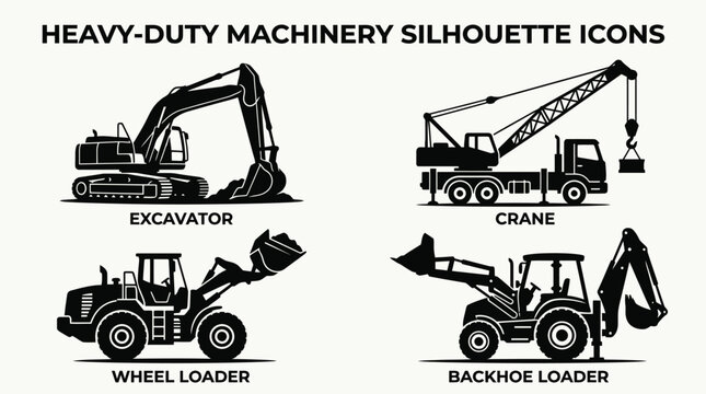 Heavy-duty construction machinery icons featuring excavator, crane, wheel loader, backhoe loader