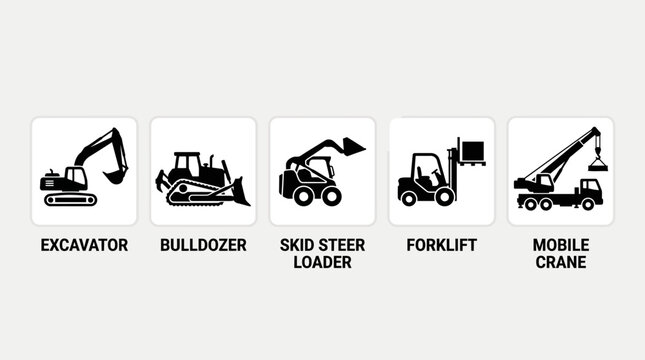 Heavy machinery tools including excavator, bulldozer, skid steer loader, forklift, and mobile crane are displayed.