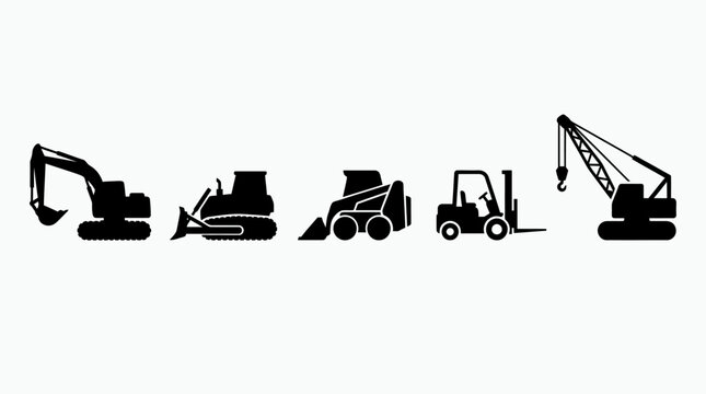 Heavy construction equipment icons featuring excavator, crane, bulldozer, forklift, and telehandler in a row