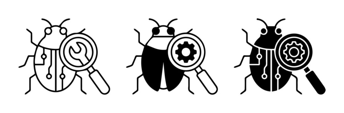 Bug Icons with Magnifying Glass, Software Debugging & Testing Symbols, Technology Concept