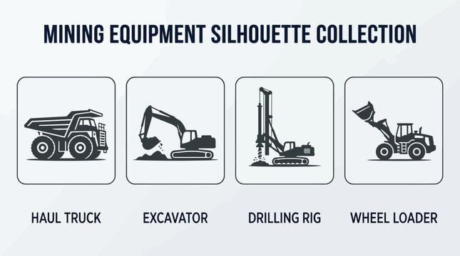 Heavy mining equipment silhouettes on construction site with haul truck, excavator, drilling rig, and wheel loader