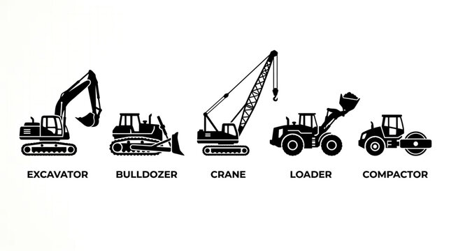 Heavy construction equipment on display at outdoor event with crane, excavator, bulldozer, loader, and compactor