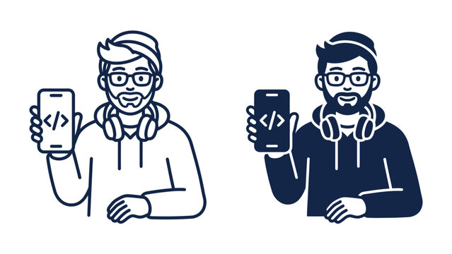 Programmer with Smartphone and Code Symbol: A stylized illustration of a programmer, distinguished by glasses, beard, and headphones, holding a smartphone displaying a coding symbol.