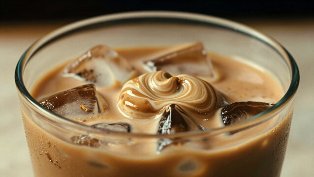 Eiskaffee mit kunstvollem Kaffeewirbel in Glas