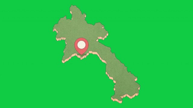 Animated Laos Map with Bouncing Location Marker on Vientiane City, Transparent Background, Alpha Channel, 4K resolution
