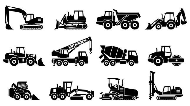 Heavy machinery construction equipment on a building site with various alat konstruksi tools