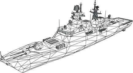Military Navy Warship Destroyer Wireframe Mesh Vector for Maritime Defence Blueprints, Frigate Battle Cruiser Engineering Simulations, and Armed Forces Strategic Graphic Designs © Donal! 