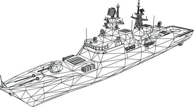 Military Navy Warship Destroyer Wireframe Mesh Vector for Maritime Defence Blueprints, Frigate Battle Cruiser Engineering Simulations, and Armed Forces Strategic Graphic Designs