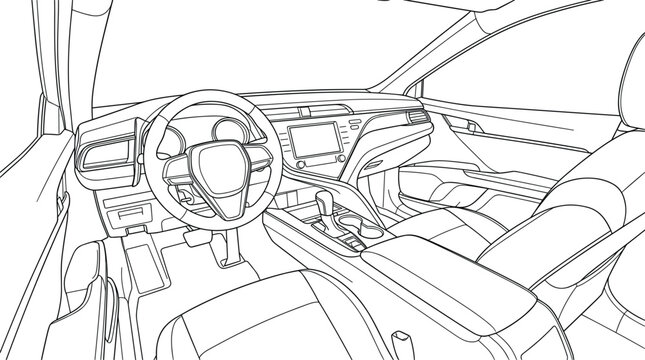 Modern Car Interior Dashboard and Cockpit Line Art Vector Template for Automotive Customization Apps, Driving School Education Manuals, and Vehicle Interface Designs