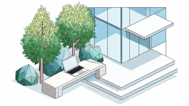 Modern outdoor office workspace with glass building and lush green trees for creative work environments