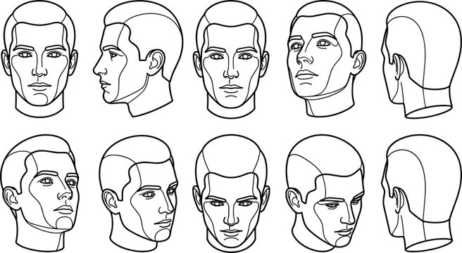 Male Head Turnaround Model Sheet and Facial Angle Proportions Vector Set for Character Design Animation, Haircut Barber Shop Style Guides, and Fine Art Drawing Reference Templates