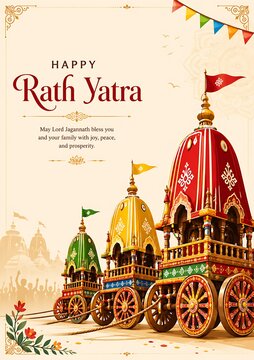 Illustration of Jagannath Rath Yatra Festival with Temple Chariots and Devotees